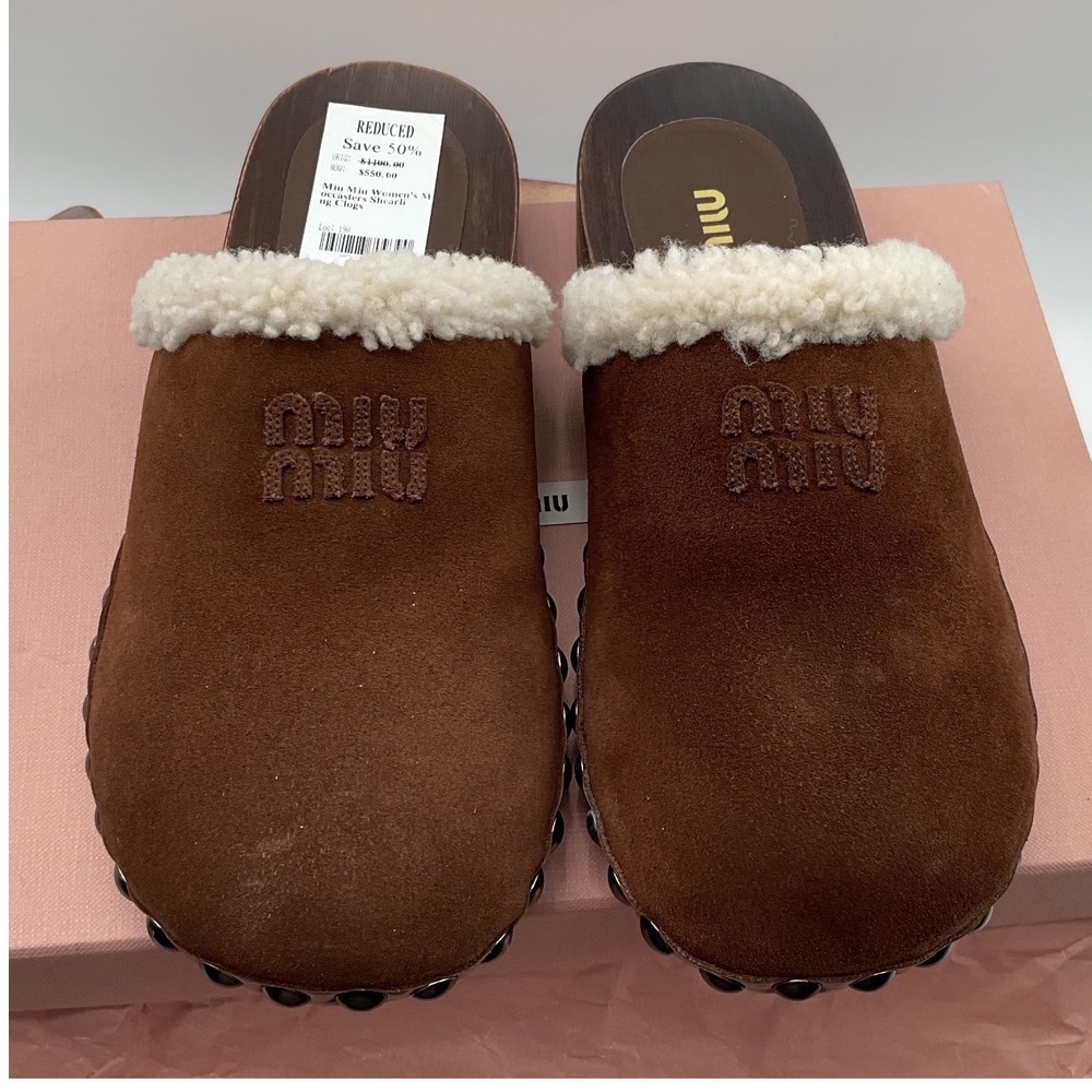 Miu Miu Cacao Brown Suede Shearling Studded Wooden Clogs 5Z504E Size 36 New
